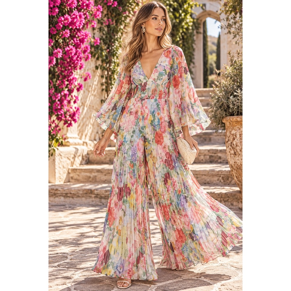 Alice + Olivia Bennet Floral Pleated Wide Leg Jumpsuit Size 2 Bell Sleeve